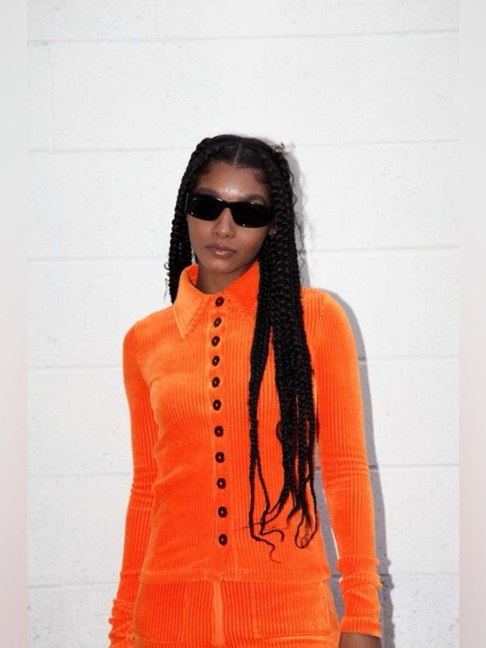 KkCo Scallop Button Up Stretch Long Sleeve Ribbed fitted Blouse Carrot Orange